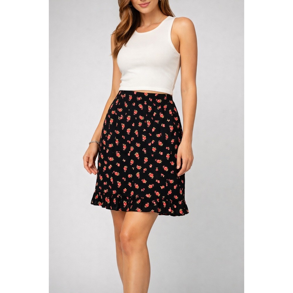 Mixit A-Line Skirt Size 14 Black‎ Pink Floral Ruffle Side Button Y2K